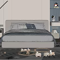 Gray Double Bed In Kids Room With Wooden Toy Train And Desk Chair