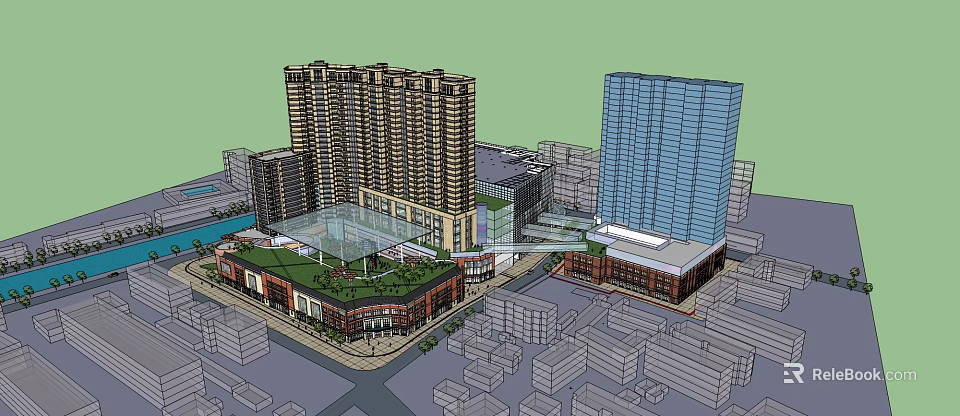 Urban Commercial Complex With High Rise Towers Shopping Mall Central Plaza And Glass Structure 3d model 