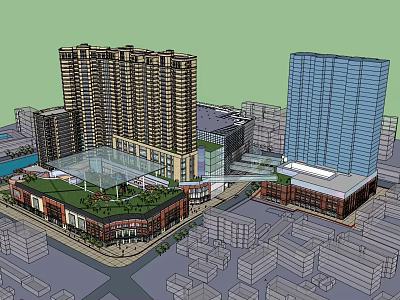 Urban Commercial Complex With High Rise Towers Shopping Mall Central Plaza And Glass Structure 3d model