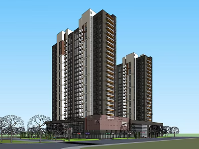 Modern High Rise Residential Building Exterior With Trees And Road View 3d model