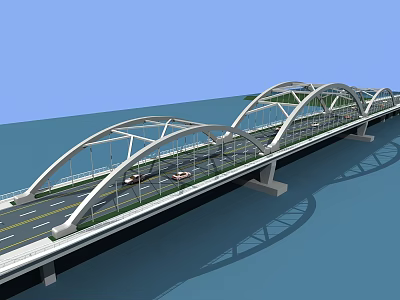 Modern Arch Bridge Design With Vehicles On Road Over Blue Water Surface 3d model
