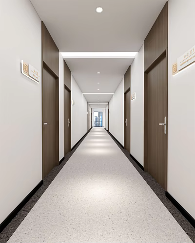 Modern Office Corridor With White Walls Wooden Doors And Light Carpet 3d model