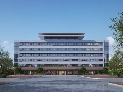 Modern Office Building Exterior With Large Windows And Landscaped Front Plaza 3d model