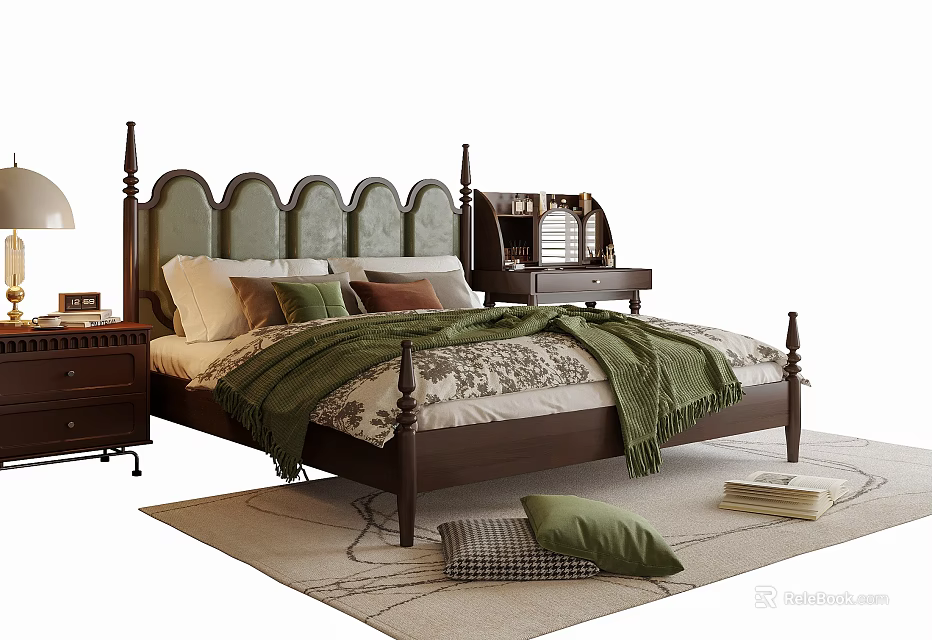 Classic Wooden Double Bed with Pillows Green Blanket Nightstand Lamp Rug and Cushions 3d model 