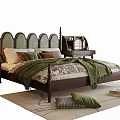 Classic Wooden Double Bed with Pillows Green Blanket Nightstand Lamp Rug and Cushions