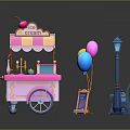 Vintage Ice Cream Cart Scene With Awning Menu Board Balloons Bench And Street Lamp
