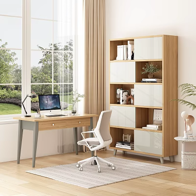 Wooden Home Office Desk With White Chair Laptop Lamp Bookshelf And Window 3d model