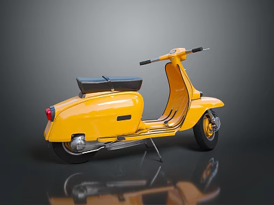 Vintage Yellow Scooter With Black Seat And Metallic Parts On Reflective Surface 3d model