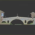 Detailed Arch Bridge Model Scene With Traditional Houses Green Plants And Water