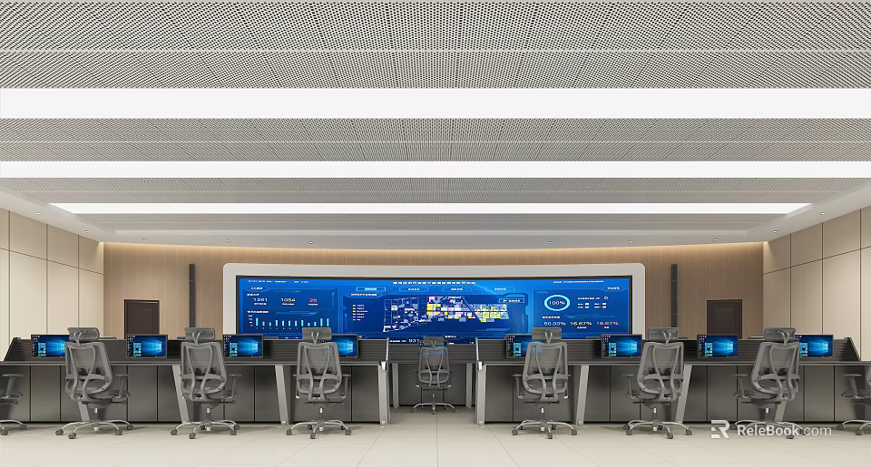 Modern Control Room Interior With Large Screens Multiple Monitors And Office Chairs 3d model 