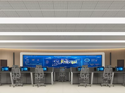 Modern Control Room Interior With Large Screens Multiple Monitors And Office Chairs 3d model