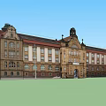 Historic Building Exterior With Red Roof Arched Doors Windows And Tower