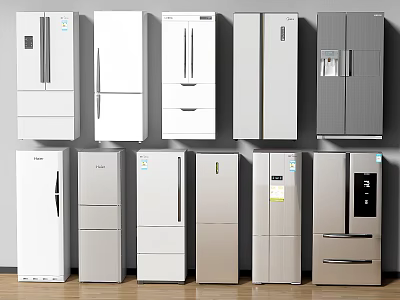 Various Refrigerators And Freezers With Modern Door Designs And Color Options 3d model