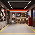 Modern Restaurant With Circular Pendant Lights Rock Decoration Dining Tables Chairs Car Display Wall Artworks