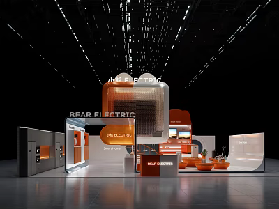 Rear Electric Modern Exhibition Hall With Orange Gray Booth Display Cabinets And Products 3d model