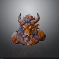 Colorful Bull Head Sculpture With Red And Purple Hair Horns On Dark Background With Reflection
