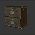 Brown Wooden Nightstand With Two Drawers Labels Lock Fasteners And Blue Side Stickers