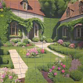 Modern Garden With Ivy Covered Buildings Red Roofs Colorful Flowers And Stone Paths