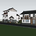 Traditional Chinese Rural House With White Walls Black Tiles Balcony And Flying Birds