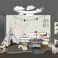 Children's Room Interior Design With Cloud Lamp Teepee Tent Rocking Horse Bookshelves And Plush Toys