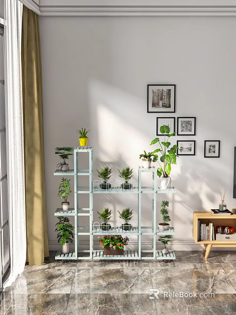 Bright Indoor Garden Decor With Multi Tiered Shelves Potted Plants And Wall Art 3d model 