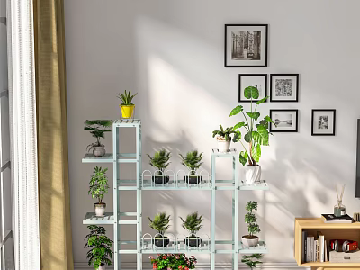 Bright Indoor Garden Decor With Multi Tiered Shelves Potted Plants And Wall Art 3d model