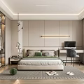 Modern Minimalist Bedroom With Striped Wall Bed Desk Chair Wall Lamp And Window Curtains