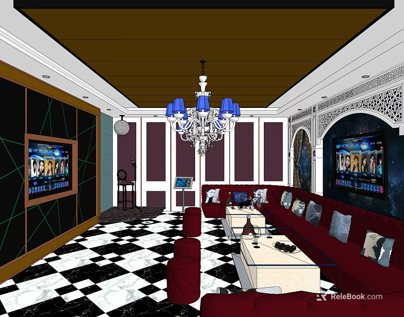 KTV Interior Design with Red Sofas Black White Checkered Floor Chandelier and TV Screens 3d model 