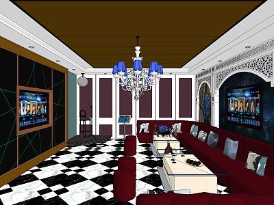 KTV Interior Design with Red Sofas Black White Checkered Floor Chandelier and TV Screens 3d model