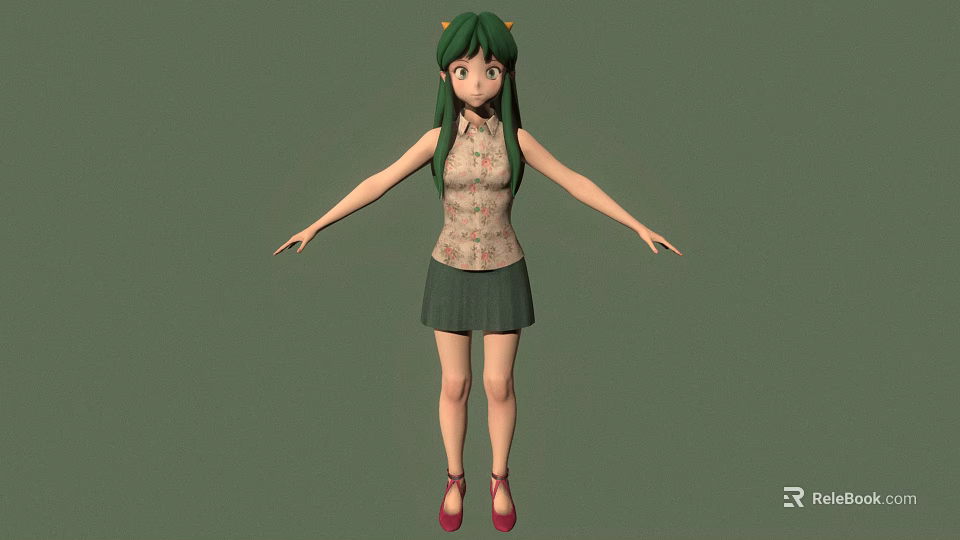 3D Anthropomorphic Character With Green Hair Floral Shirt Green Skirt Red Shoes And Arms Outstretched 3d model 