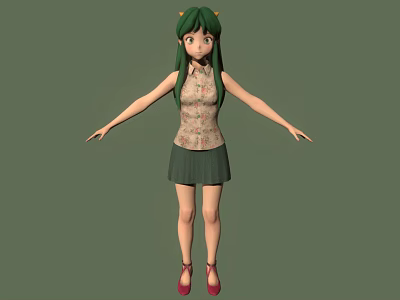 3D Anthropomorphic Character With Green Hair Floral Shirt Green Skirt Red Shoes And Arms Outstretched 3d model