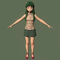 3D Anthropomorphic Character With Green Hair Floral Shirt Green Skirt Red Shoes And Arms Outstretched