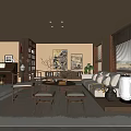 Traditional Living Room Interior Design With Piano Bookshelf Paintings Sofa And Coffee Table