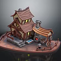 Rustic Cottage Building With Tiled Roof Chimney Stone Steps And Outdoor Fireplace Cart
