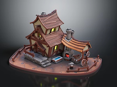 Rustic Cottage Building With Tiled Roof Chimney Stone Steps And Outdoor Fireplace Cart 3d model