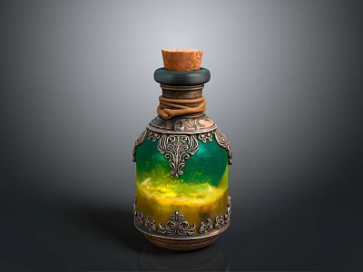 Decorative Magic Vial With Cork Stopper Ornate Metal Design And Colorful Liquid 3d model