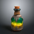 Decorative Magic Vial With Cork Stopper Ornate Metal Design And Colorful Liquid