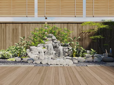 Rockery Stones Featuring Waterfall And Lush Plants On Wooden Deck With Bamboo Blinds Backdrop 3d model