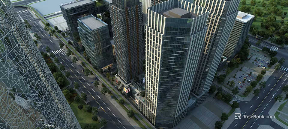 Aerial Planning of Modern Urban High Rise Buildings With Streets and Green Areas Layout 3d model 