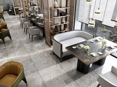 Elegant Modern Restaurant Interior With Wooden Dining Tables Leather Chairs Hanging Lamps And Marble Floor 3d model