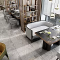 Elegant Modern Restaurant Interior With Wooden Dining Tables Leather Chairs Hanging Lamps And Marble Floor