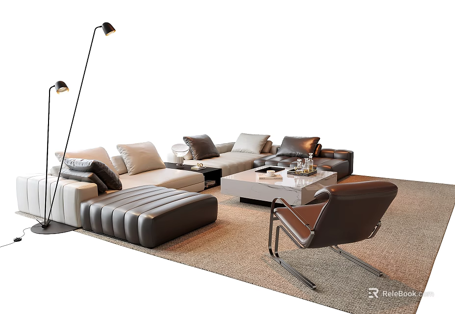 Modern Sofa Coffee Table Set With Accent Chair Floor Lamp Area Rug And Decorative Pillows 3d model 