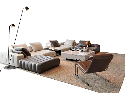 Modern Sofa Coffee Table Set With Accent Chair Floor Lamp Area Rug And Decorative Pillows 3d model
