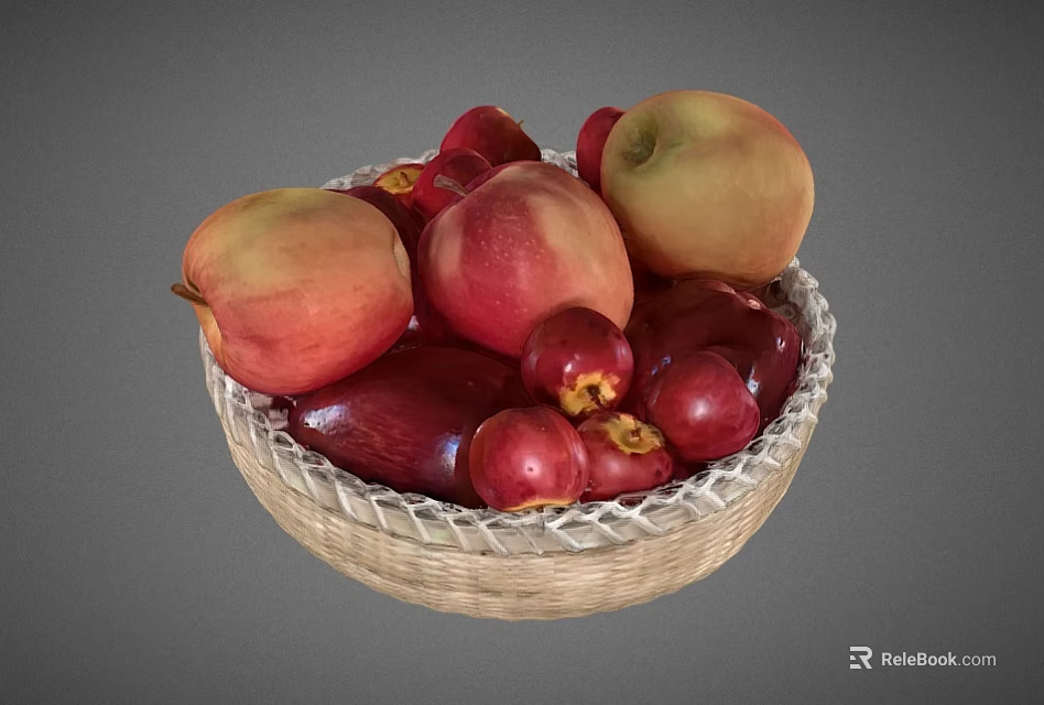 Fresh Mixed Fruits In Woven Basket Including Apples And Peaches 3d model 