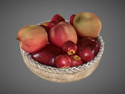 Fresh Mixed Fruits In Woven Basket Including Apples And Peaches 3d model
