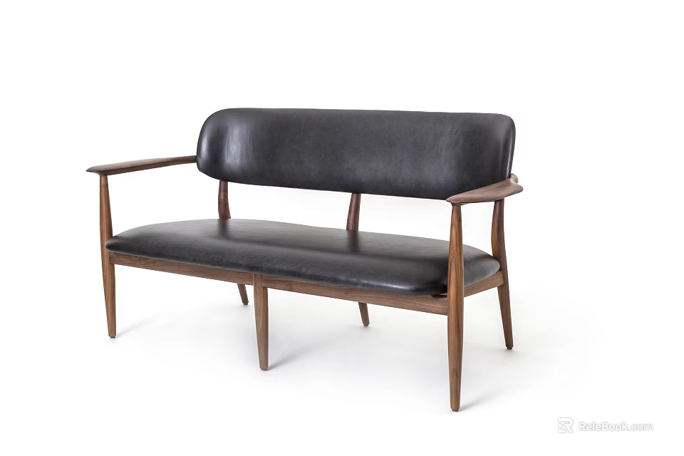Modern Two Seater Sofa With Black Leather Upholstery Wooden Armrests And Legs 3d model 