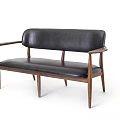 Modern Two Seater Sofa With Black Leather Upholstery Wooden Armrests And Legs