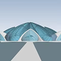 Modern Architectural Design Featuring Blue Glass Dome And Arched Structure With White Pathway 3d model