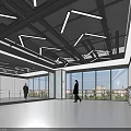 Modern Fitness Workout Space With Geometric Ceiling Lights Large Windows And Ogoi Logo