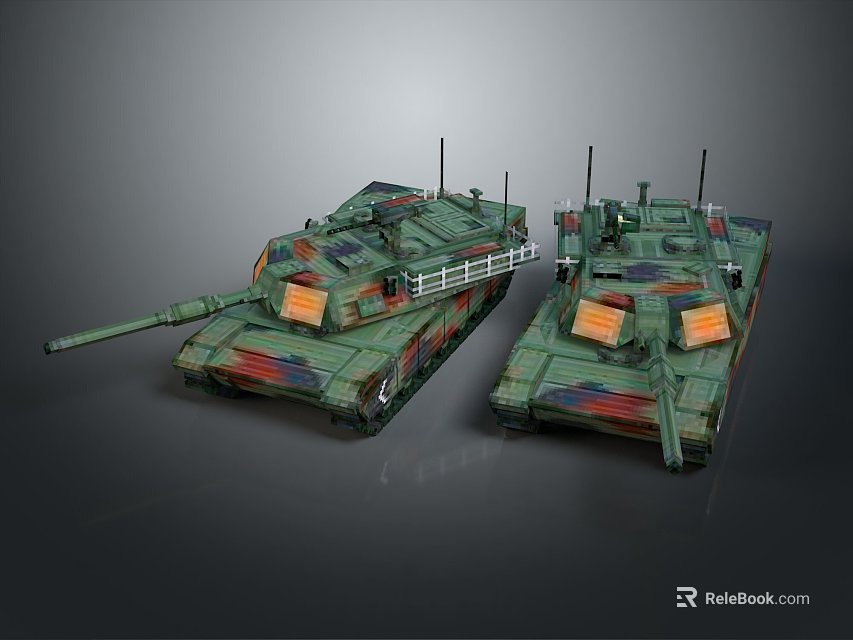 Two Military Tanks With Green Camouflage Detailed Exterior Side By Side 3d model 